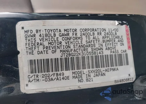 2001 Toyota Camry Le from USA, damaged, VIN JT2BG22K310558143